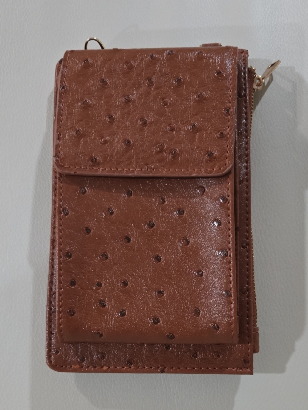 Brown Ostrich-Embossed Crossbody Wallet